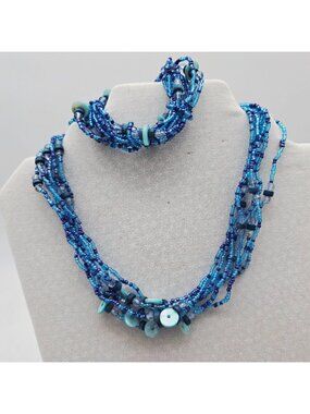 Blue Multistrand Seed Bead Necklace & Bracelet Set With Shell Accents
